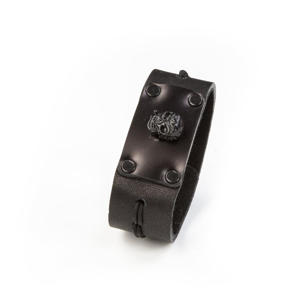 Men's Black Genuine Leather Skull Wristband Bracelet – Stainless Steel, Surfer Style
