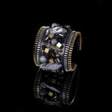 The Wide Double Zipper Leather Cuff With Beads