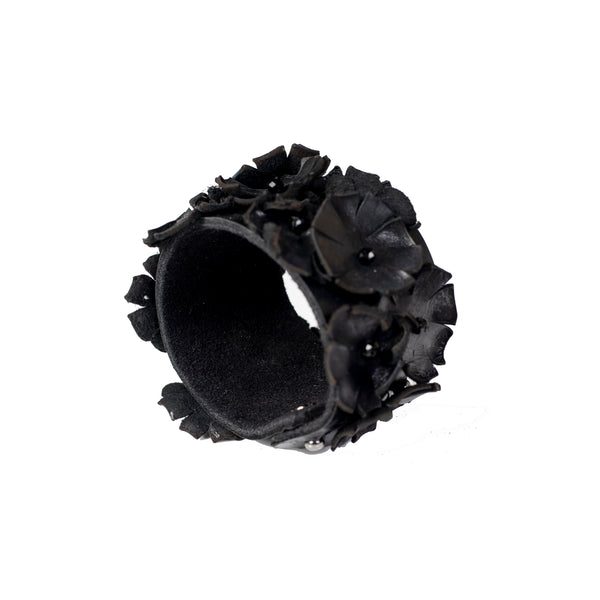 The Black Flower Leather Cuff with Beads