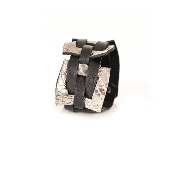 The Intertwined Black & Silver Leather Cuff