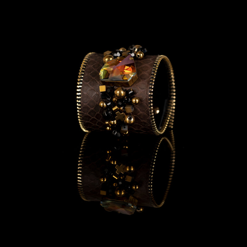 The Wide Double Zipper Leather Cuff With Beads
