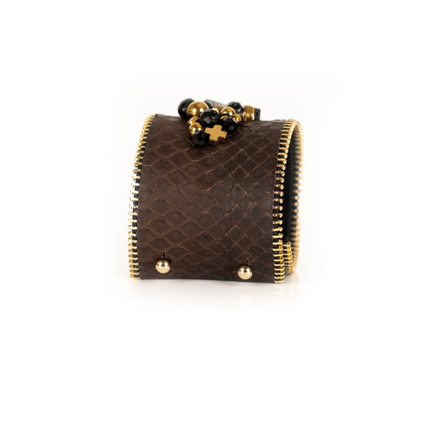 The Wide Double Zipper Leather Cuff With Beads