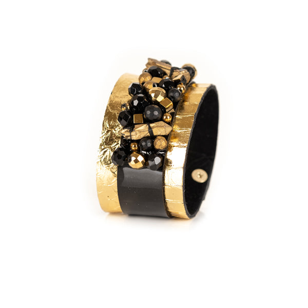 The Gold Wide Leather Cuff With Beads