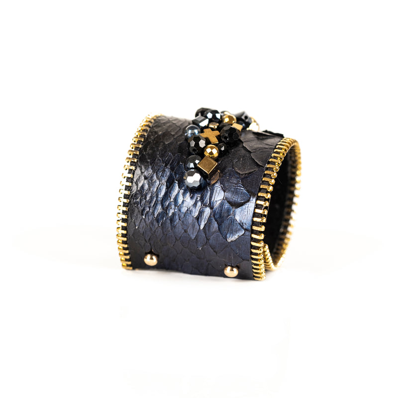 The Wide Navy and Green Snake Skin Cuff