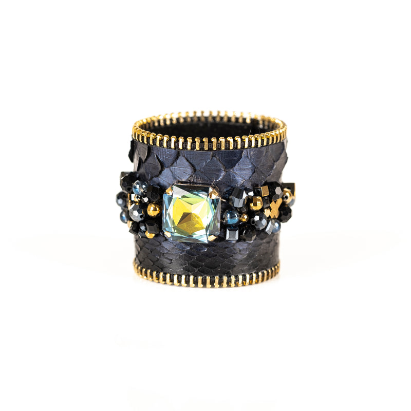 The Wide Navy and Green Snake Skin Cuff