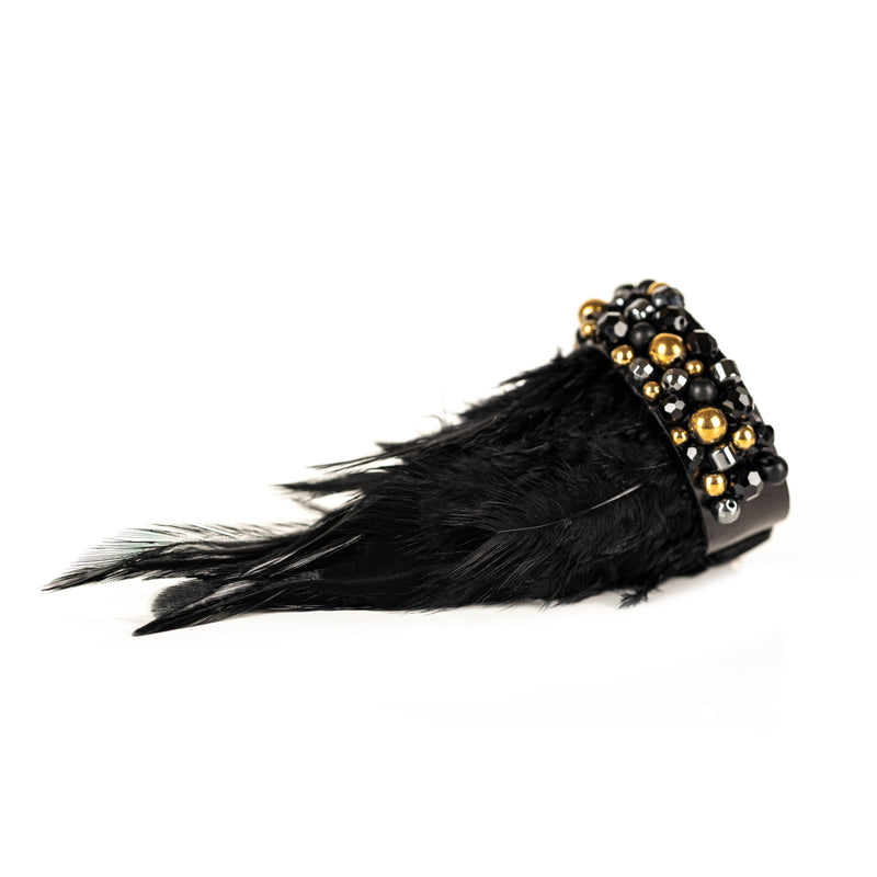 The Feather Black and Gold Leather Cuff
