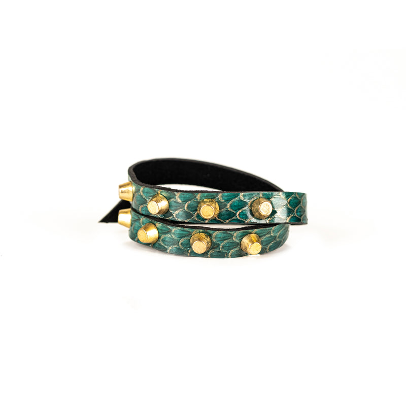 The Green Snake Skin Double Wrap bracelet With Studs