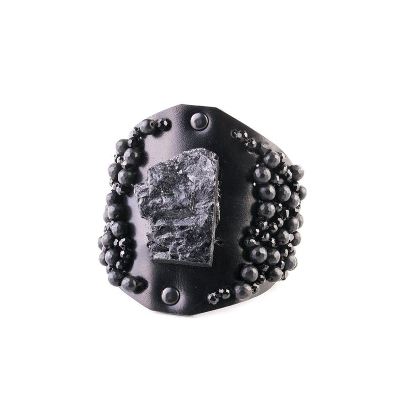 The Volcanic Black Leather Cuff With Beads