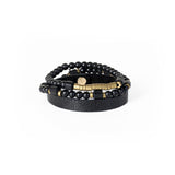 The Beaded Gold and Black Leather Bracelet Set