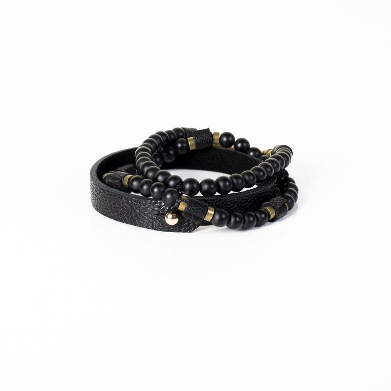 The Beaded Gold and Black Leather Bracelet Set