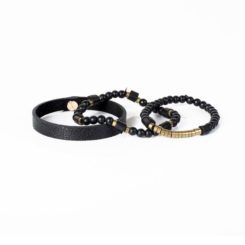 The Beaded Gold and Black Leather Bracelet Set