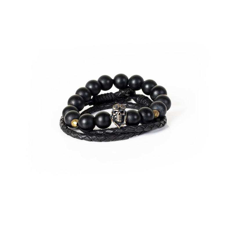 The Trendy Skull Beaded and Leather Bracelet Set