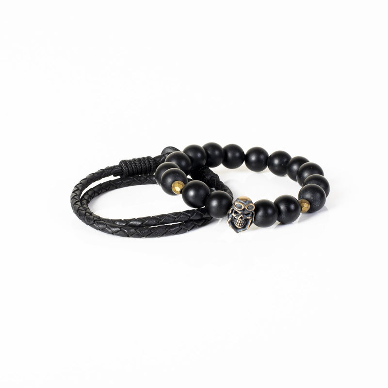 The Trendy Skull Beaded and Leather Bracelet Set