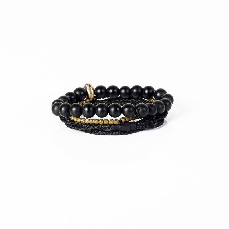 The Beaded Black and Gold Skull Bracelet Set