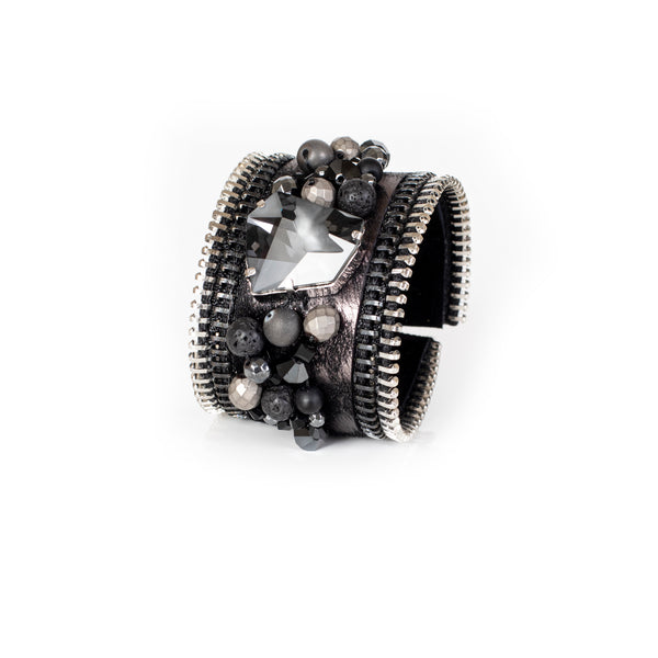 The Wide Zipper Leather Cuff with Swarovski and Beads