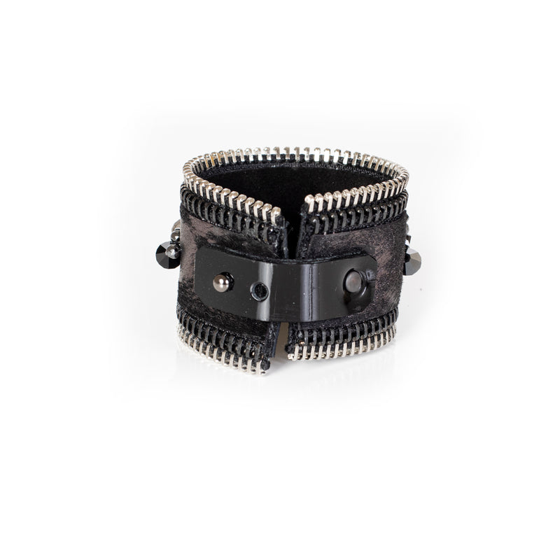 The Wide Zipper Leather Cuff with Swarovski and Beads