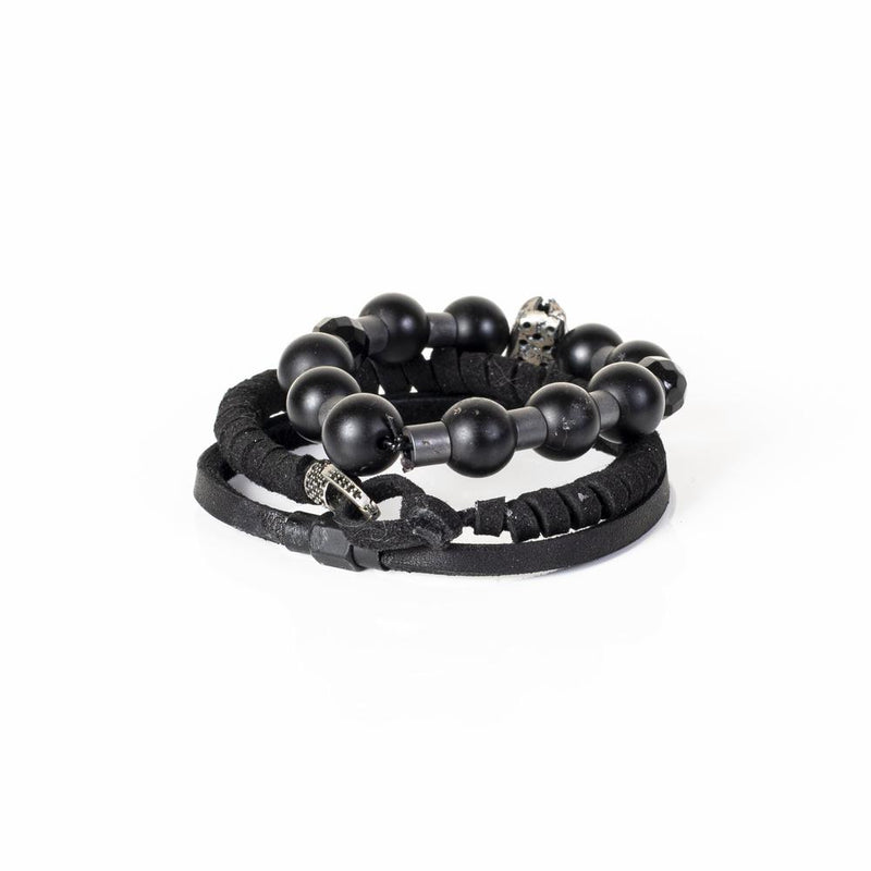 The Beaded And Leather Black Bracelet Set