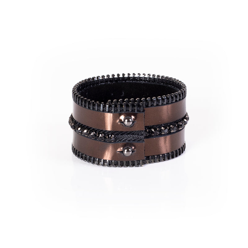 The Double Zipper Leather Cuff with Swarovski Crystals