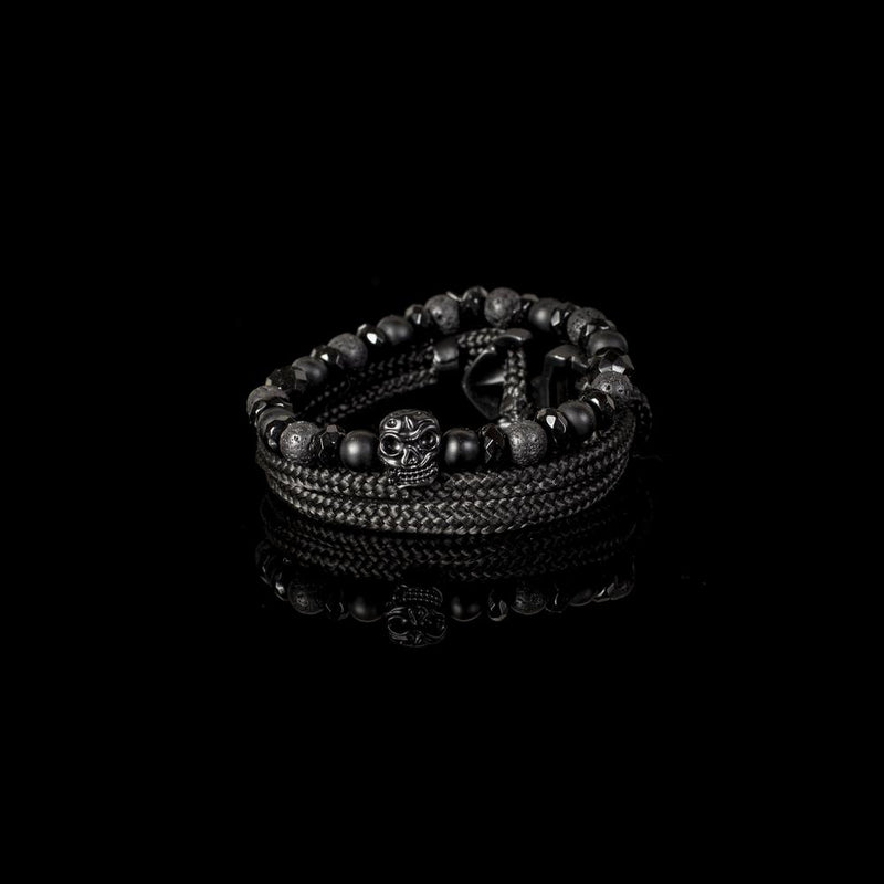 The Beaded Black on Black Skull Bracelet Set