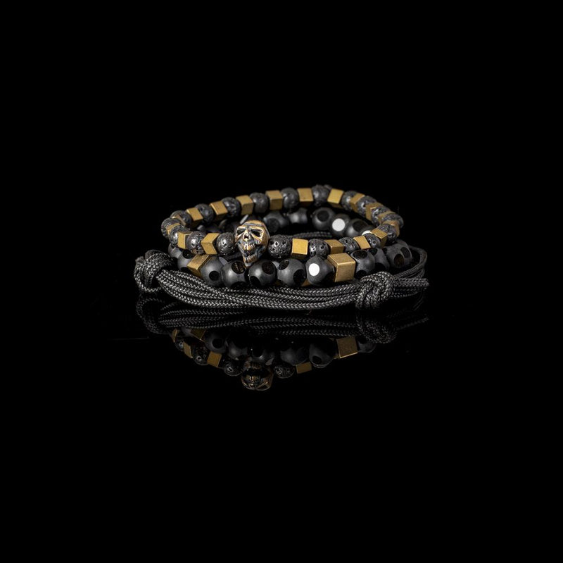 The Beaded Black and Bronze Skull Bracelet Set