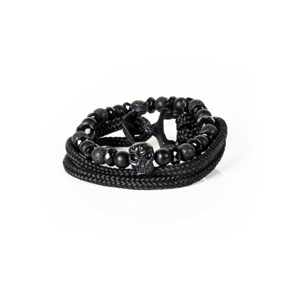 The Beaded Black on Black Skull Bracelet Set S/M