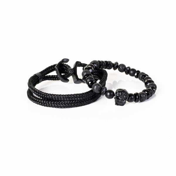 The Beaded Black on Black Skull Bracelet Set
