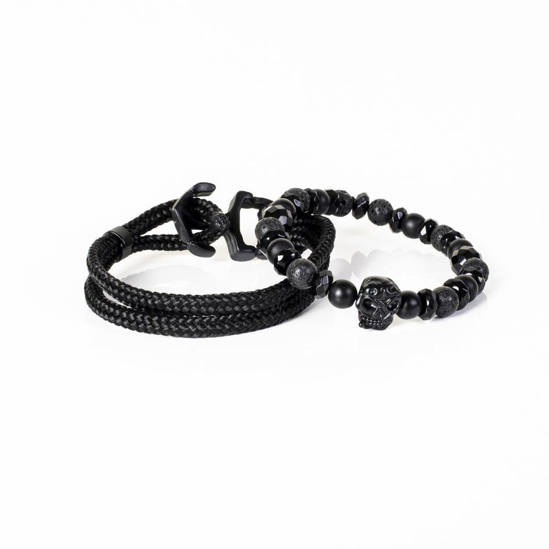 The Beaded Black on Black Skull Bracelet Set