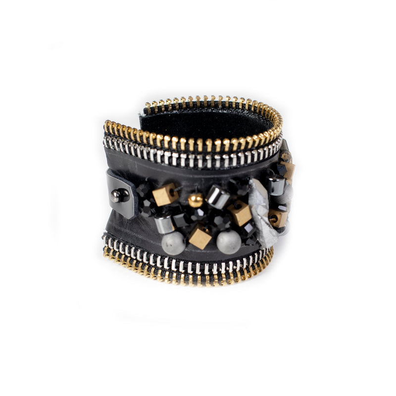 The Wide Double Zipper Leather Cuff With Beads