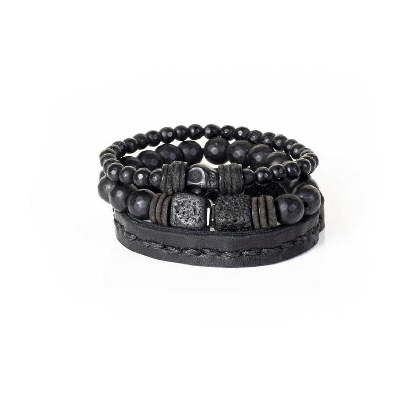 The Glamorous Beaded Black Leather Bracelet Set