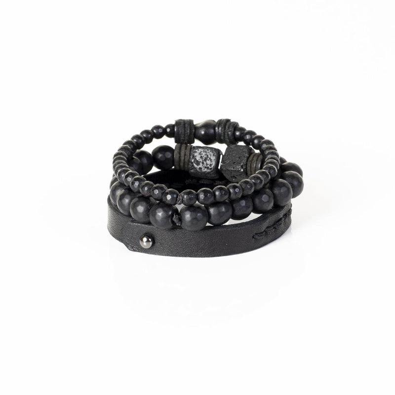 The Glamorous Beaded Black Leather Bracelet Set
