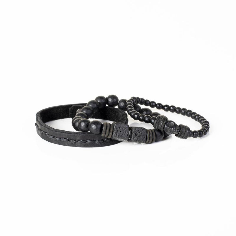 The Glamorous Beaded Black Leather Bracelet Set
