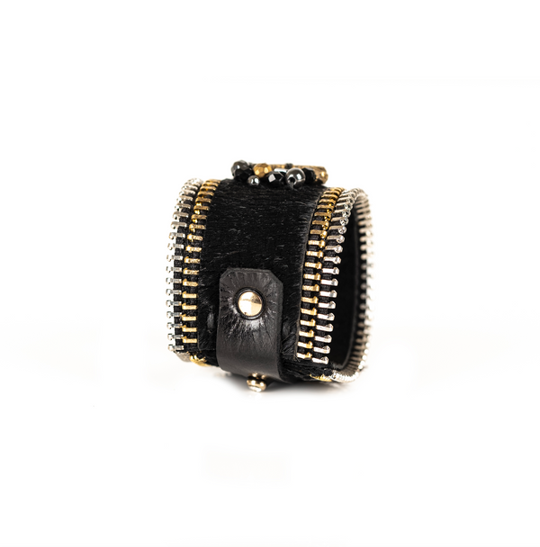 The Wide Double Zipper Leather Cuff with Beads